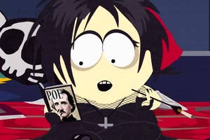 A cartoon character from South Park resembling a goth kid holding a Poe photo and a cigarette