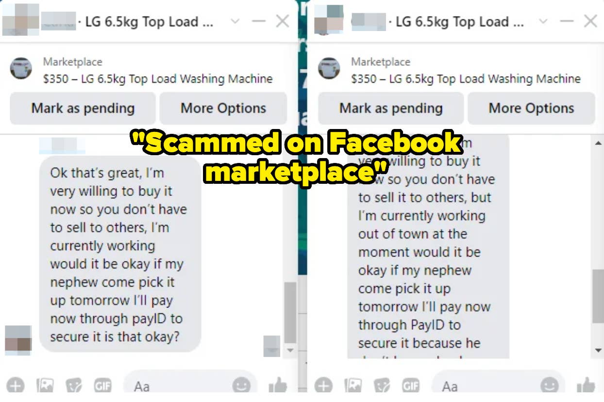 Text conversation about being scammed on a marketplace platform with a focus on securing a washing machine purchase