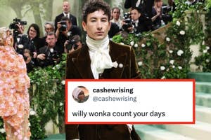 Ezra Miller in an elaborate outfit with a caption jokingly comparing them to Willy Wonka