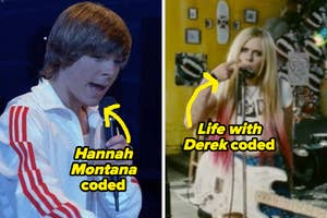 Two TV show scenes: Left, character with microphone. Right, character playing guitar with text "Life with Derek coded."
