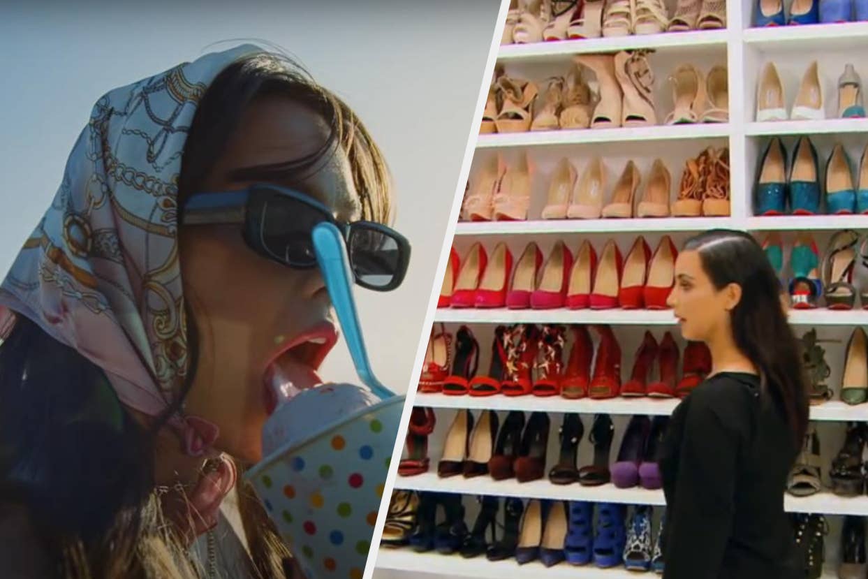 Woman with oversized sunglasses pretending to lick paintbrush near wall of high-heeled shoes