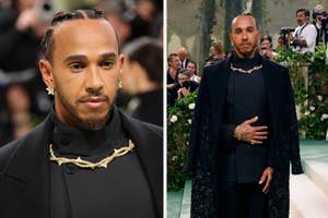 Two images of Lewis Hamilton, left shows close-up, right full-length with caped black outfit