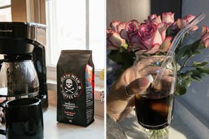 Death Wish Coffee Co. Dark Roast coffee bag next to coffee pot, reviewer holding glass container with matching straw filled with iced coffee