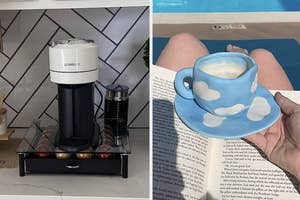 Nespresso Vertuo Next coffee machine, reviewer holding cloud-printed coffee cup and matching saucer