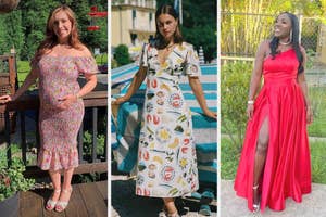reviewer posing in an off-shoulder floral dress with baby bump, another posing in tapas-themed maxi dress, and a third posing in a red gown