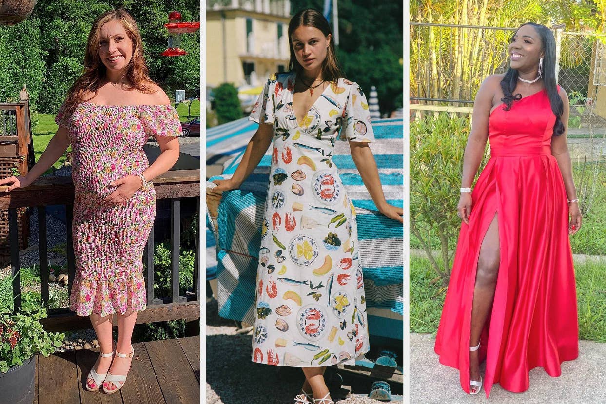 reviewer posing in an off-shoulder floral dress with baby bump, another posing in tapas-themed maxi dress, and a third posing in a red gown