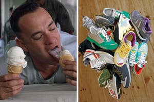 Tom Hanks as Forrest Gump eating an ice cream cone; pile of mixed sneakers