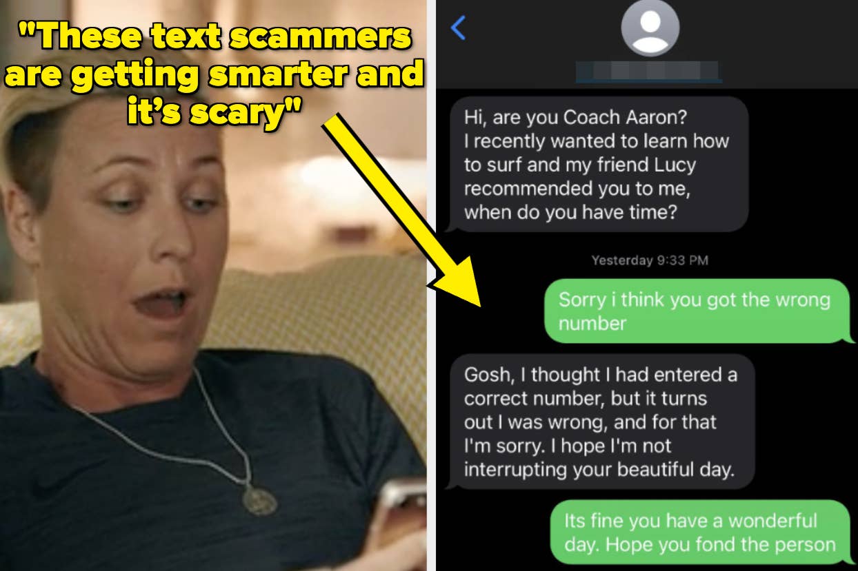 Person reading a text conversation on a phone with expressions of disbelief and humor. The text shows a polite scammer being mistaken for someone else