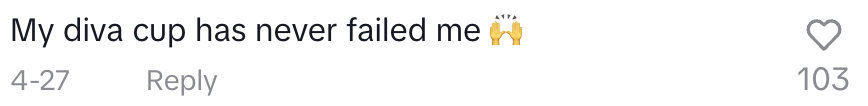 Text from a social media post reads, "My diva cup has never failed me," expressing satisfaction with a menstrual cup product