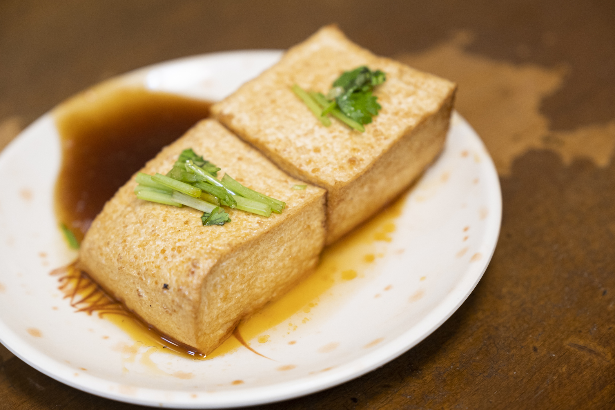 Two pieces of tofu topped with green onions on a plate with sauce