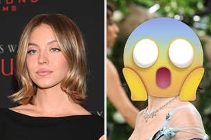 Split image: Left: Woman with short hair, black off-shoulder dress. Right: Shocked emoji with wide eyes, open mouth