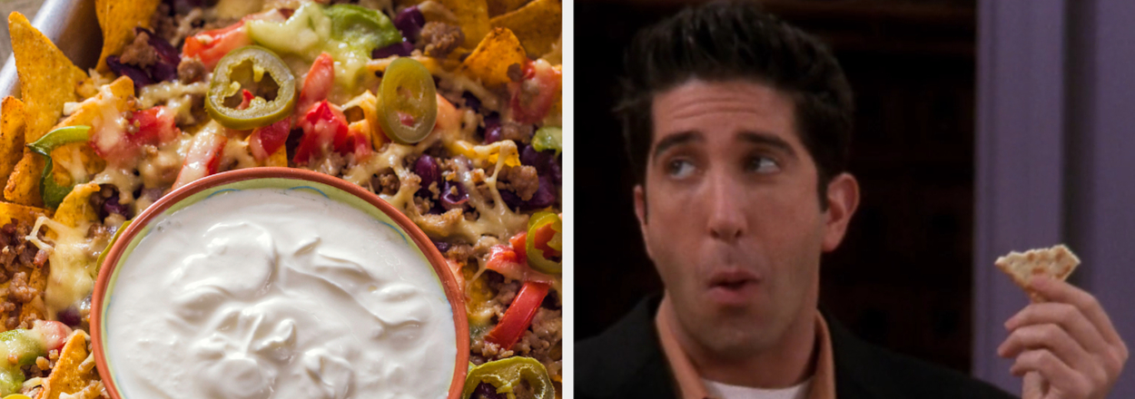 A plate of nachos next to Ross from Friends wearing a suit and holding a snack