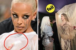 Doja Cat with a buzz cut and face makeup vs Kim Kardashian and Lana Del Rey talk at the 2024 Met Gala