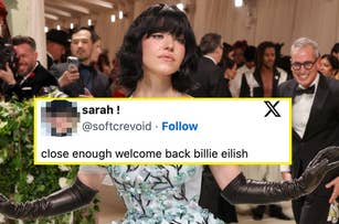 Celebrity in patterned dress with black gloves walking at an event, social media overlay with welcoming text for Billie Eilish