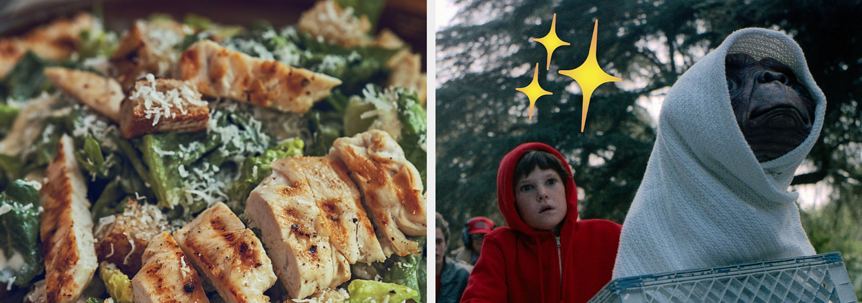 Split image: Left - Grilled chicken salad on a plate. Right - E.T. in a blanket on a bike basket, child in red hoodie riding the bike