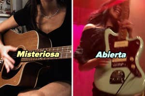 Dos mujeres tocando guitarras, una con etiqueta "Misteriosa" y la otra "Abierta". Indica estilos musicales o personalidades