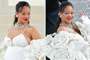 Rihanna at an event wearing a white dress with large floral embellishments and sparkling jewelry. She is smiling and waving
