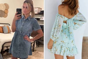 Two women modeling short dresses; one denim, one floral with a bow on back