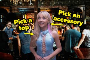 Sabrina Carpenter in a blue outfit with yellow arrows and text overlays prompting to choose a top and an accessory; in a bar setting