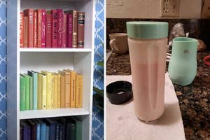 Two images side by side; left shows a bookshelf with organized books, right shows a countertop with a portable blender and cup