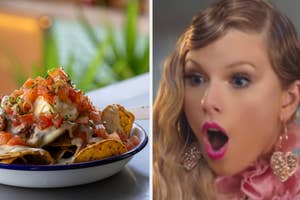 On the left, nachos topped with cheese, tomatoes and herbs. On the right, Taylor Swift wearing earrings and a floral top, looking surprised