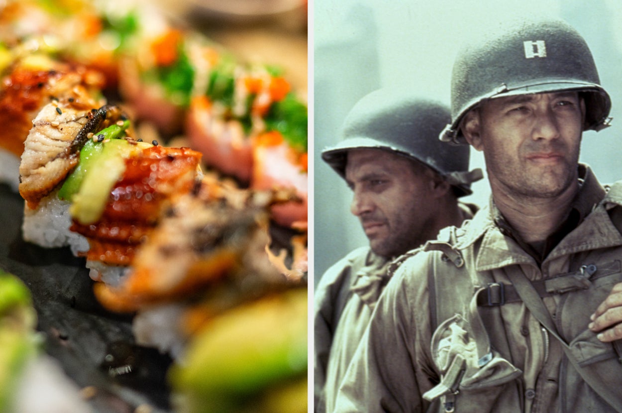 Two images: Left shows close-up of sushi rolls. Right is two actors in WWII military uniforms, cannot name individuals