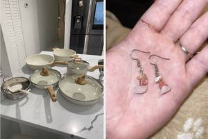 nonstick pots and pans set, stone hanging earrings made with jewelry-making kit