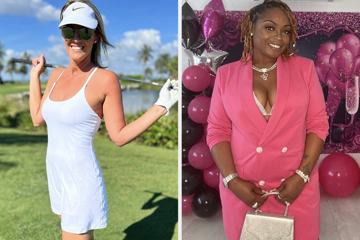 Two women posing separately, one in tennis attire with a visor, the other in a pink blazer dress for shopping inspiration