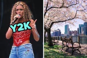 On the left, Beyonce performing on stage wearing a bandana top labeled Y2K, and on the right, cherry blossom trees in a park