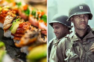 Two images: Left shows close-up of sushi rolls. Right is two actors in WWII military uniforms, cannot name individuals