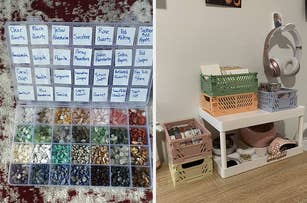 jewelry-making kit, pastel storage baskets on desk