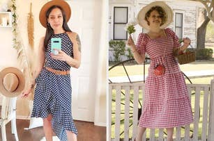 Two women showcasing summer dresses, one in polka dots with a belt, the other in a checkered pattern with a sunhat, for a shopping article