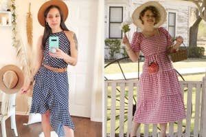 Two women showcasing summer dresses, one in polka dots with a belt, the other in a checkered pattern with a sunhat, for a shopping article