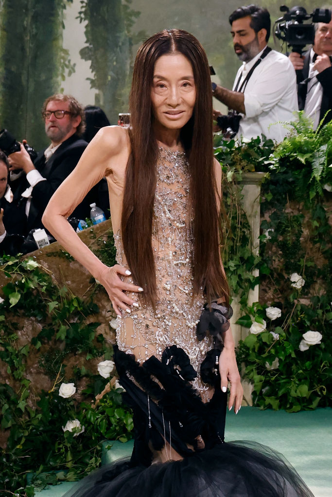Vera Wang in beaded dress with sheer details and tulle skirt at an event with photographers in background