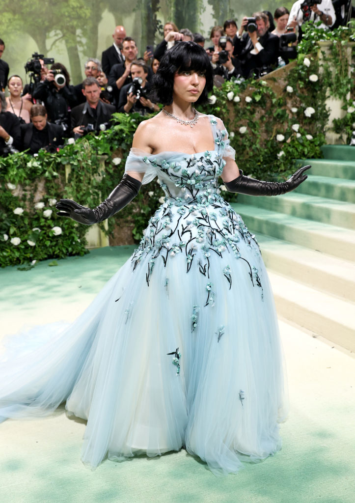 Sydney in a floral gown with off-the-shoulder sleeves and long gloves posing on stairs; photographers in background