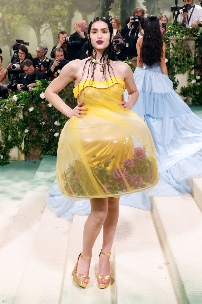 Amelia in unique bubble dress with roses inside the skirt posing on the red carpet