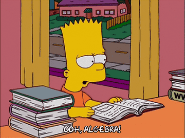 Animated character Bart Simpson studying a book with a surprised expression, exclaiming &quot;Ooh, algebra!&quot;