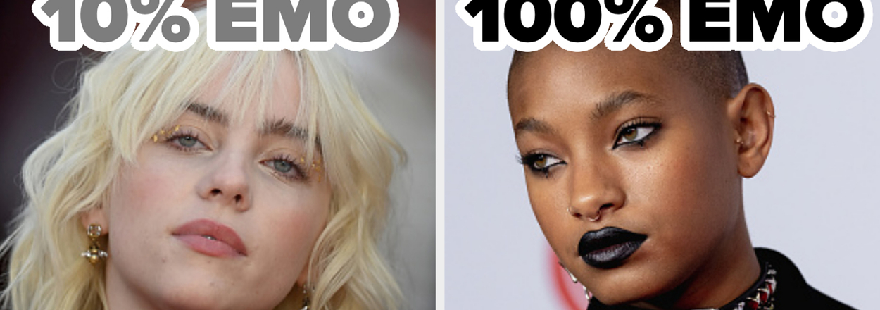 Side-by-side comparison of two individuals, left with light makeup, right with bold makeup and choker. Text: "10% EMO, 100% EMO."