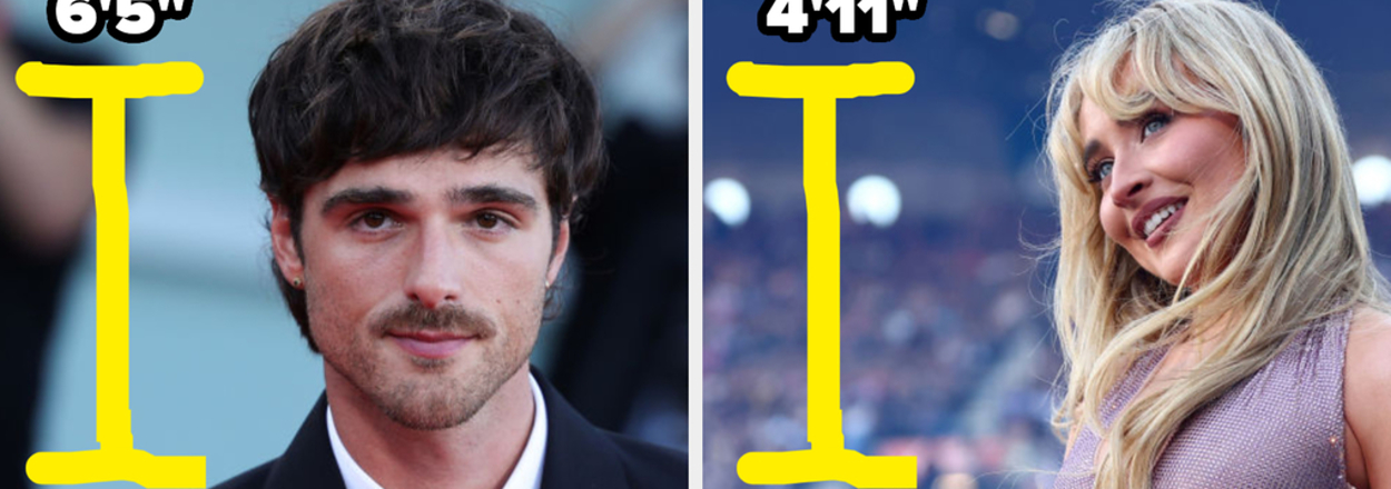 Comparison of two individuals' heights with a graphic overlay indicating 6'5" and 4'11"