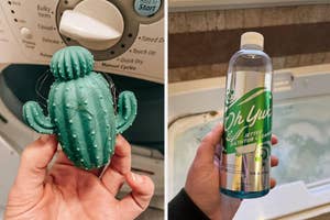 hand holding cactus shaped dryer ball; hand holding bottle of jetted bathtub cleaner