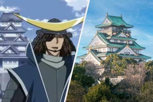 Animated character with yellow horn crown, split image with a Japanese castle on the right side