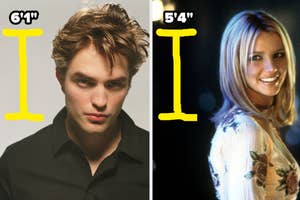 Robert Pattinson and Britney Spears with height measurements. He's in a black shirt, she's in floral