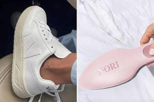 a reviewer wearing elegant white Veja sneakers / a model using a light pink iron that looks like a hair straightener