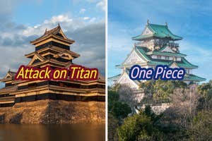 Split image of two Japanese castles with "Attack on Titan" and "One Piece" text over them