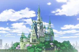 An illustrated castle with multiple spires set against a blue sky in a lush green landscape.