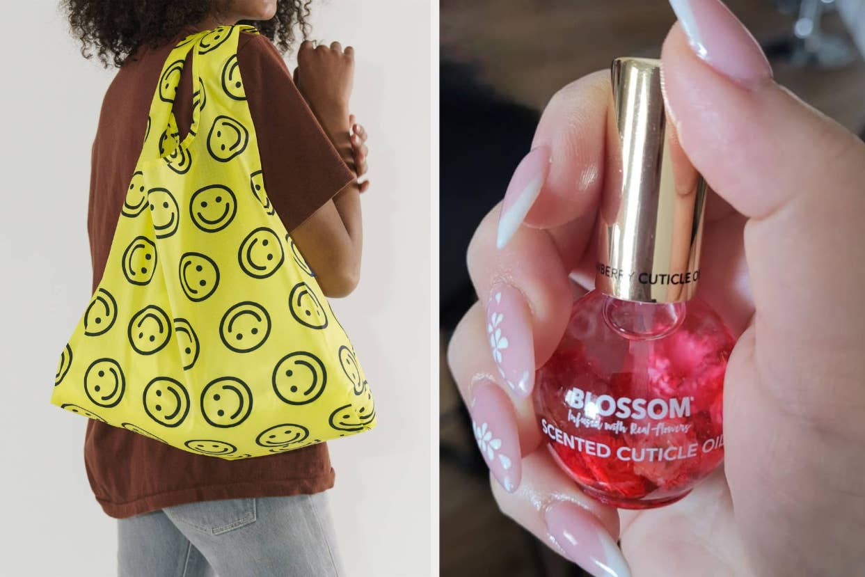 Left: Person holding a tote bag with smiley face pattern. Right: Hand holding scented cuticle oil bottle