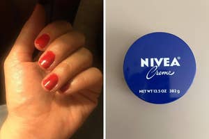Hand with red nail polish; NIVEA Creme canister displayed, indicating product for moisturizing