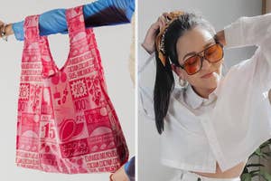 Person showing a pink shopping bag with sale and discount symbols and another person in a white shirt posing stylishly