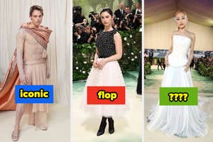 Three celebrities at an event in distinctive outfits, labeled with judgments like 'iconic,' 'flop,' and a question mark