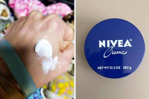 Person applying NIVEA Creme from a tin onto their hand. Product recommended for skincare routine